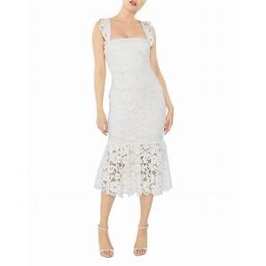 LIKELY White Lace Hara Flounce Hem Ruffled Square Neck Bridal Midi Dress Size 6